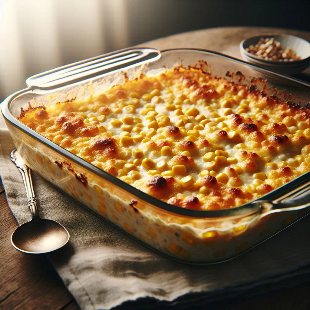 Golden baked sweetcorn bake garnished with fresh herbs