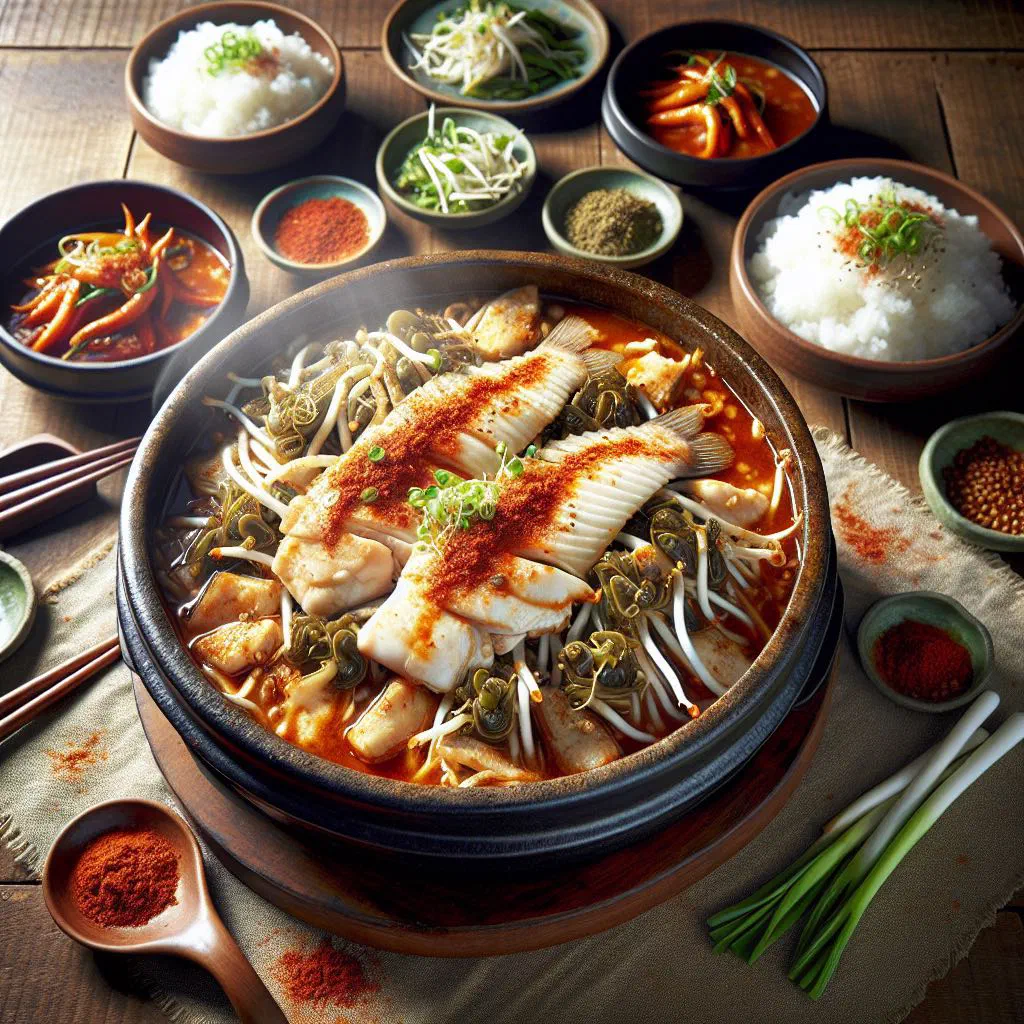 Steamed Korean agujjim with cod and fresh vegetables in a spicy sauce