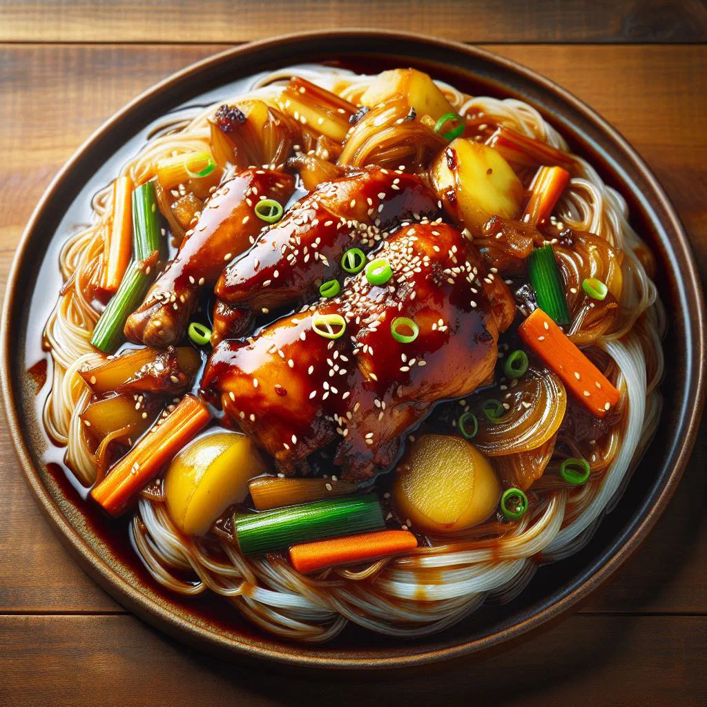Andong jjimdak with braised chicken, glass noodles and vegetables in a dark soy sauce