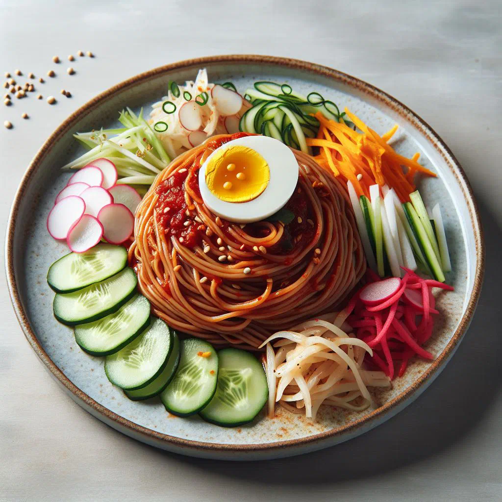Cold buckwheat noodles topped with spicy gochujang sauce, cucumber, carrot and boiled egg