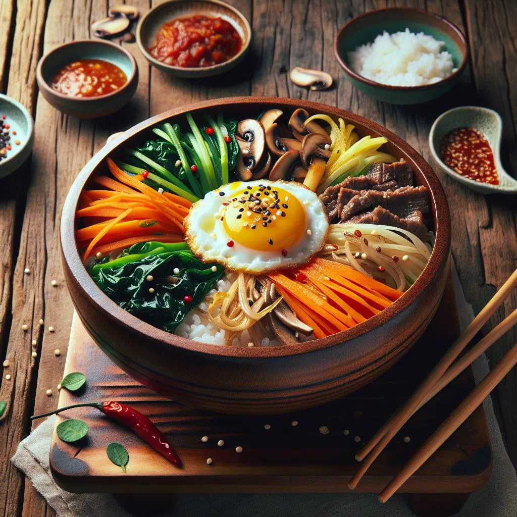 Colourful bibimbap rice bowl with vegetables, beef and a fried egg