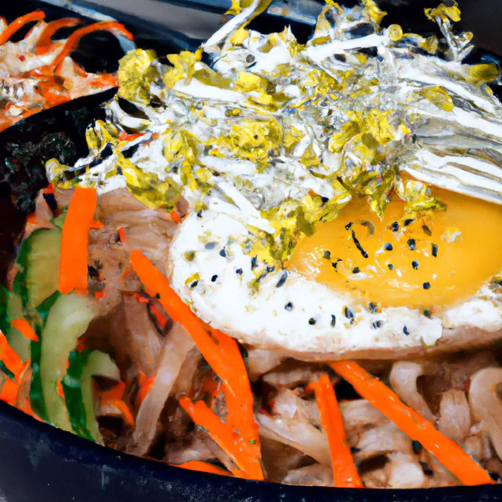 Colourful bibimbap rice bowl with vegetables, beef and a fried egg