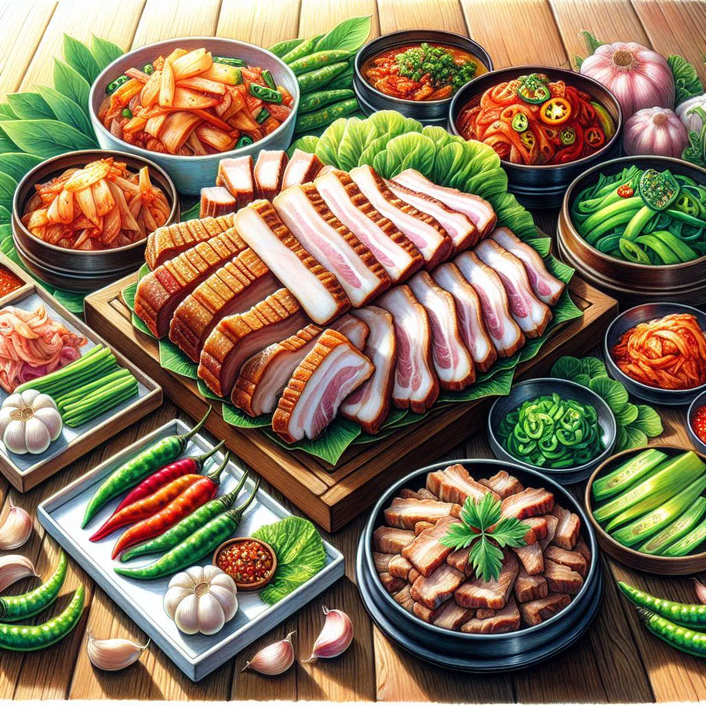 Sliced steamed pork belly served with napa cabbage leaves and sesame seeds