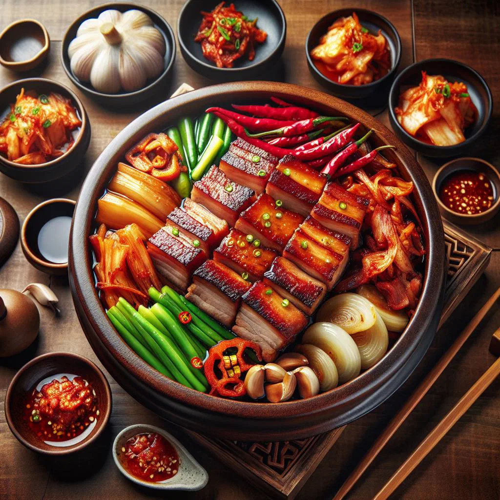 Sliced boiled pork belly served with lettuce leaves and kimchi