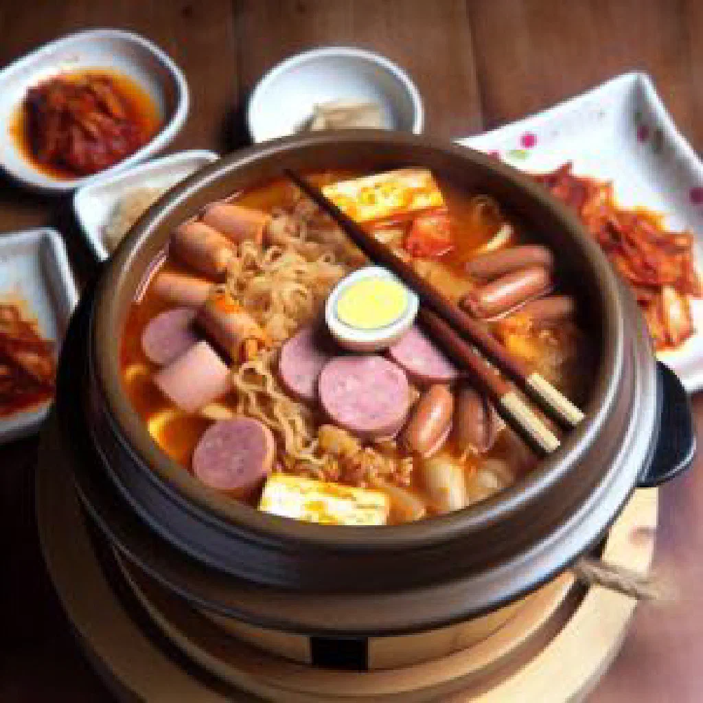 Bubbling pot of budae jjigae with kimchi, sausage, tofu and instant noodles