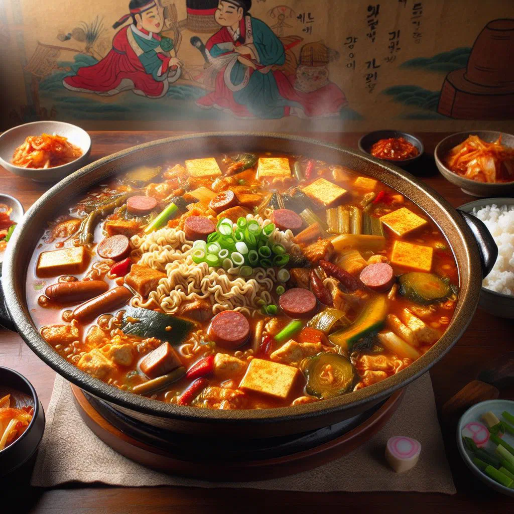 Bubbling pot of budae jjigae with sausage, tofu, kimchi and noodles