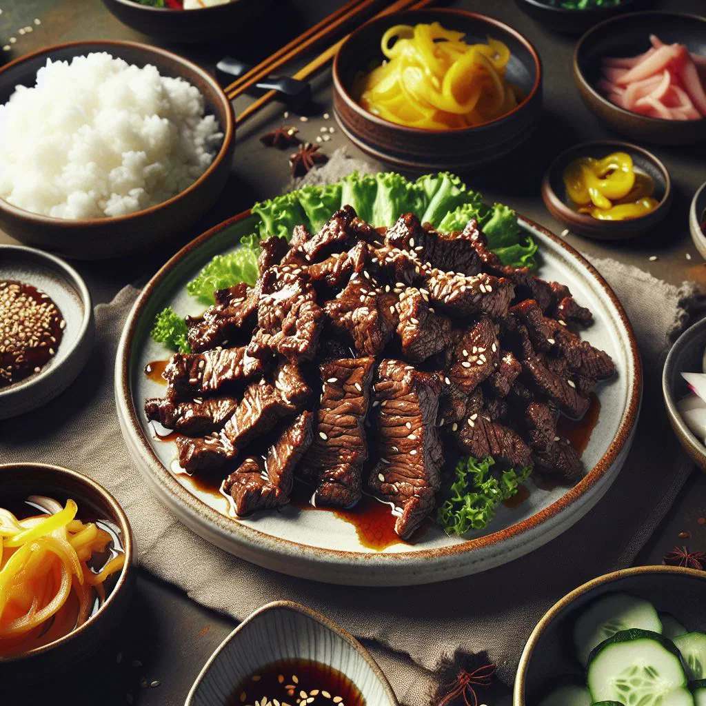 Marinated bulgogi beef garnished with toasted sesame and spring onions
