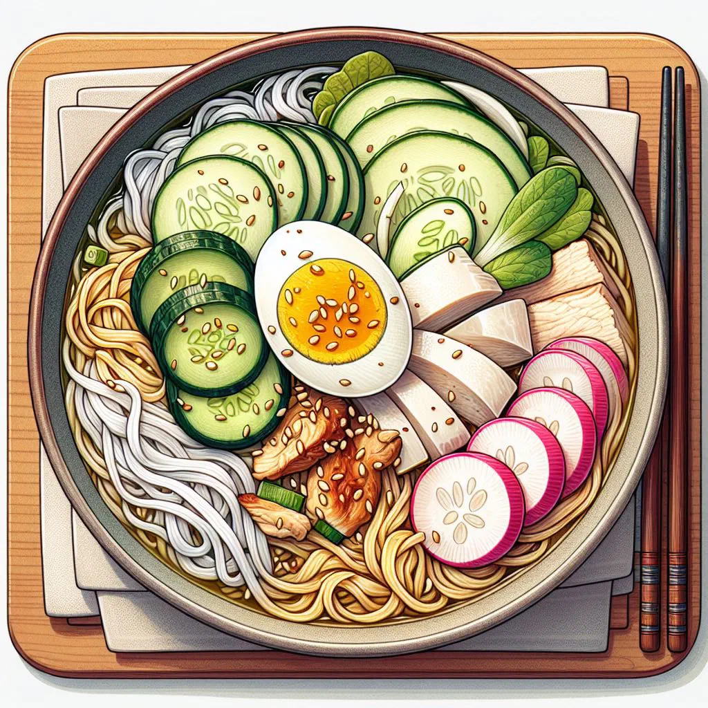 A warming bowl of Korean chogyetang chicken soup garnished with fresh herbs