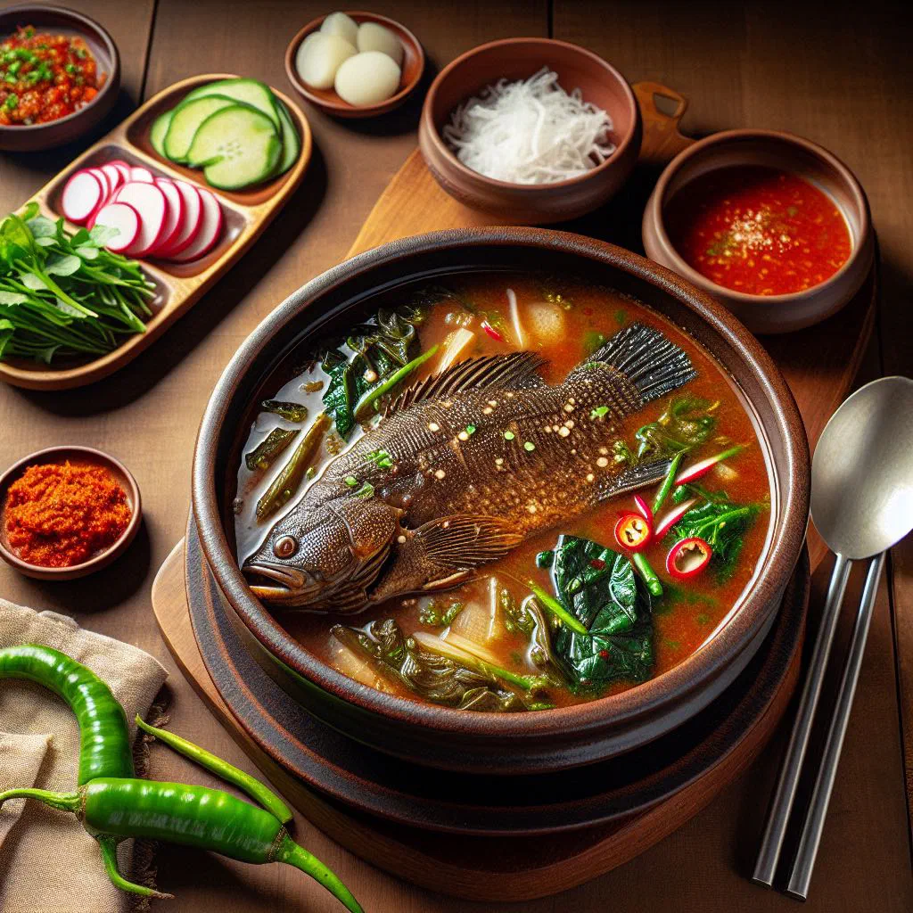 Bowl of Korean chueotang mudfish soup garnished with spring onions and chilli