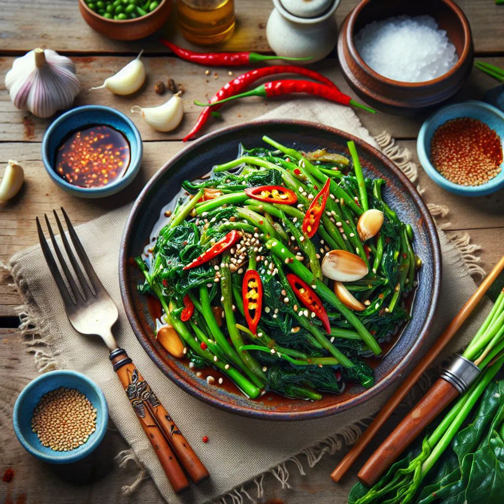 Seasoned Korean wild greens dressed with sesame oil in a ceramic bowl