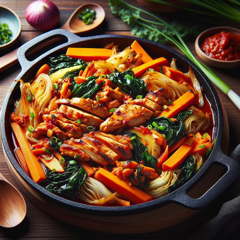 Spicy stir-fried dak galbi chicken with vegetables in a pan