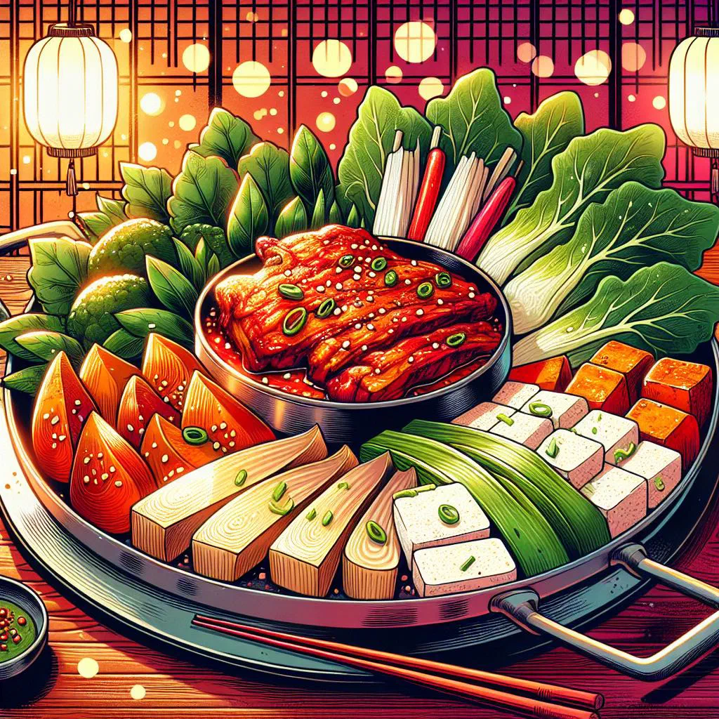 Spicy stir-fried dak galbi chicken with cabbage and spring onions in a pan
