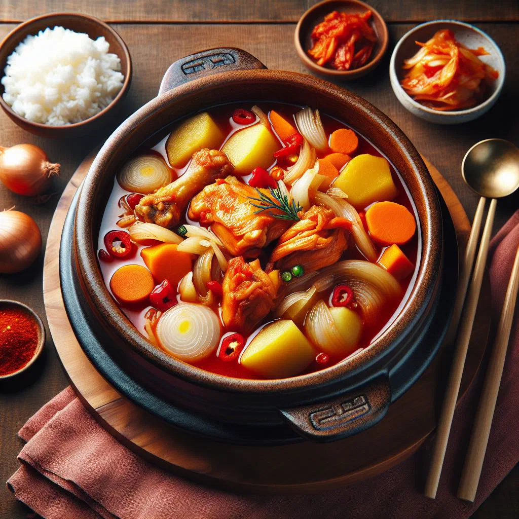 Dakdoritang spicy Korean braised chicken stew with potatoes and carrots in a rich red sauce