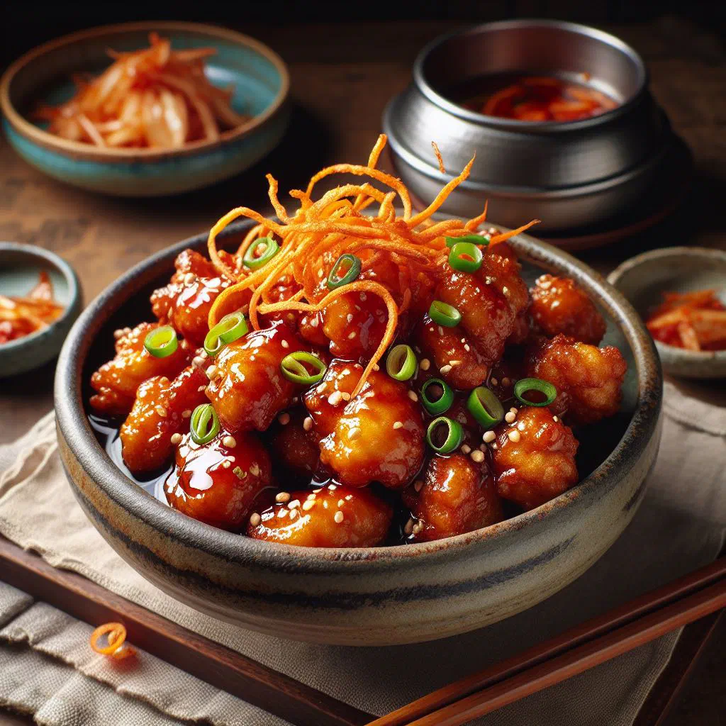 Crispy glazed dakgangjeong chicken pieces sprinkled with sesame seeds