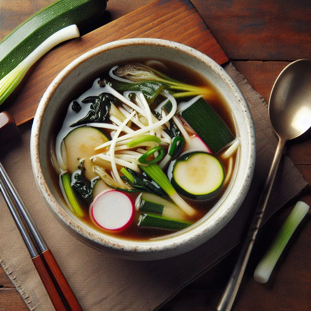 A bowl of Korean doenjang guk soybean paste soup with tofu and vegetables
