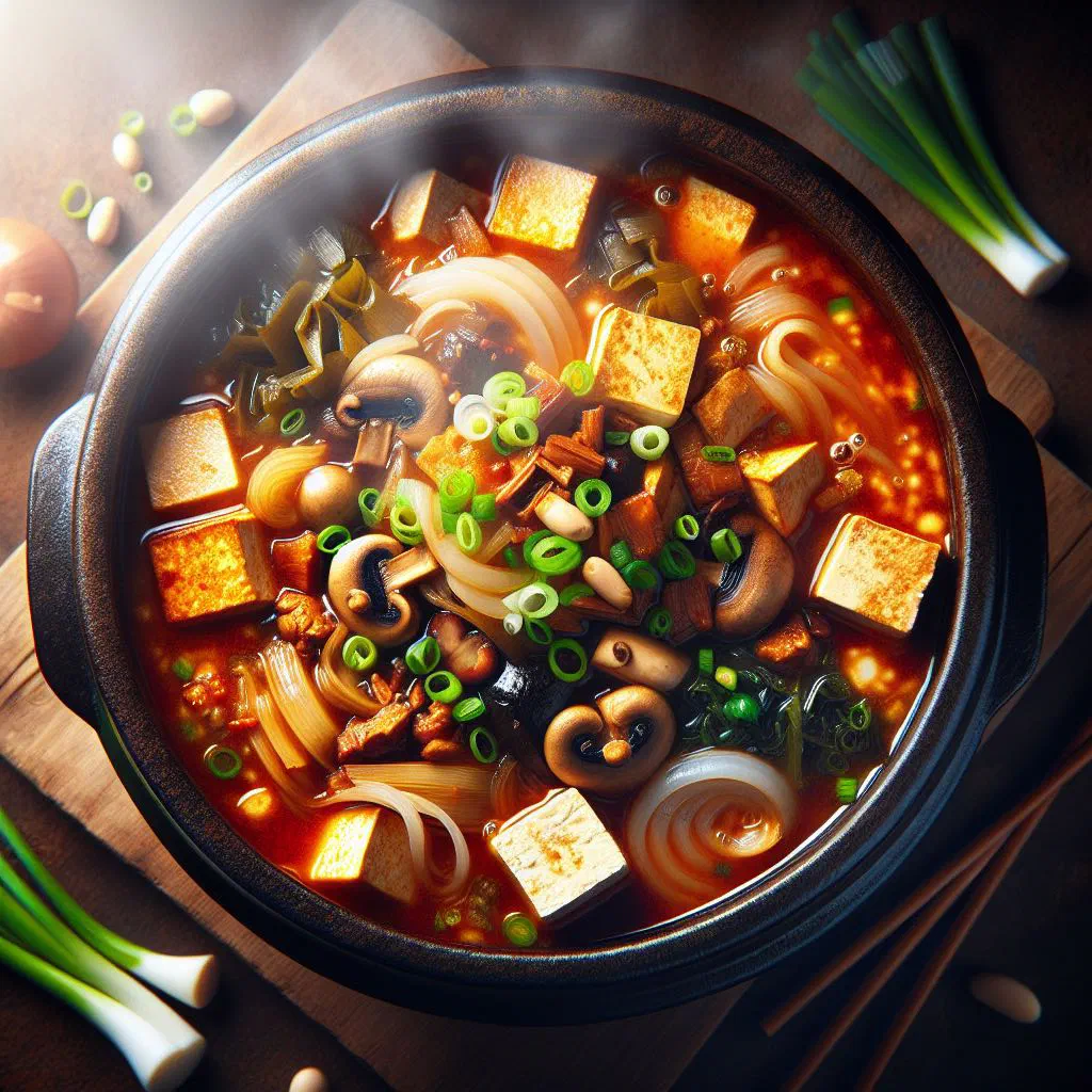 Doenjang jjigae soybean paste stew with tofu and vegetables in an earthenware bowl