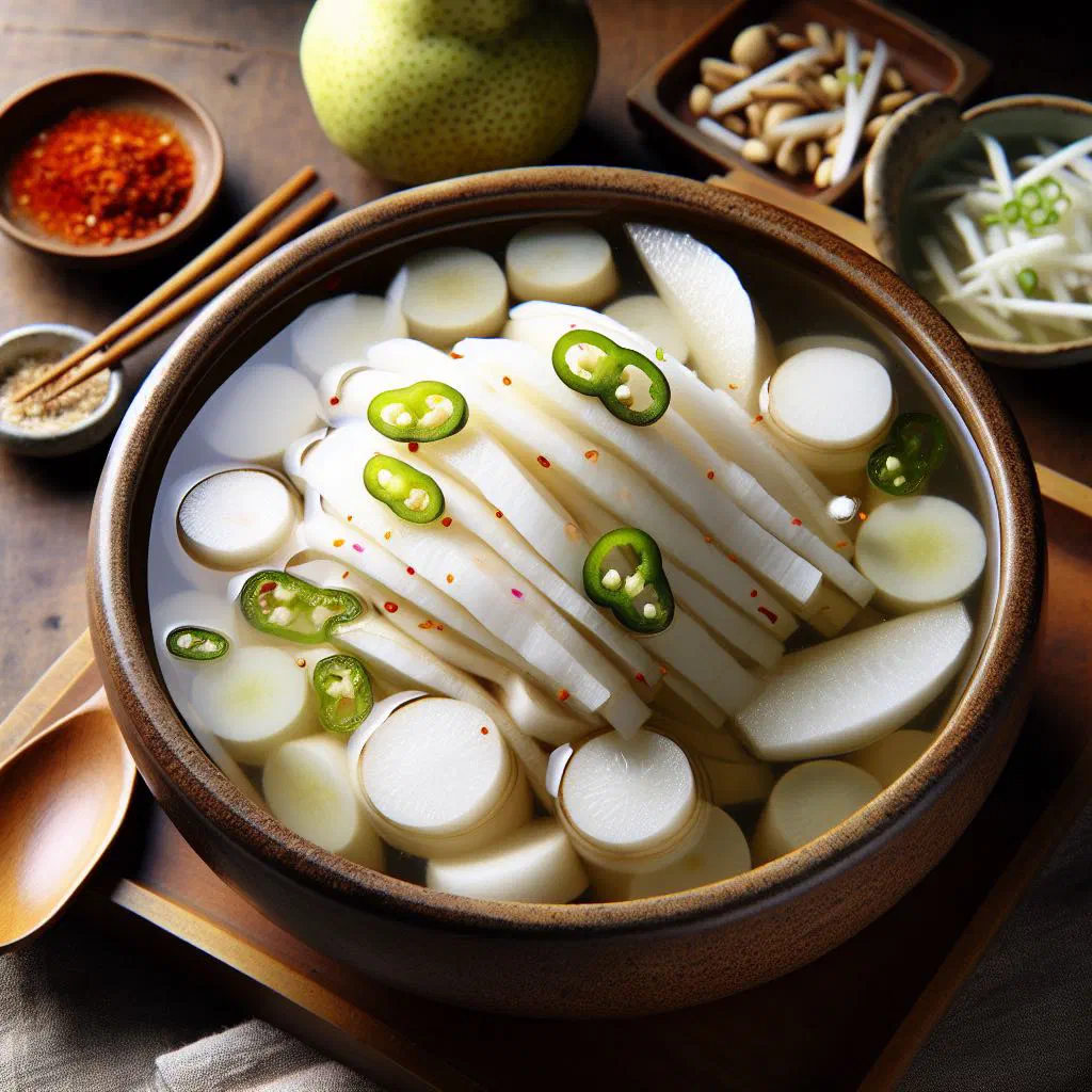 Bowl of dongchimi water kimchi with radish and spring onions