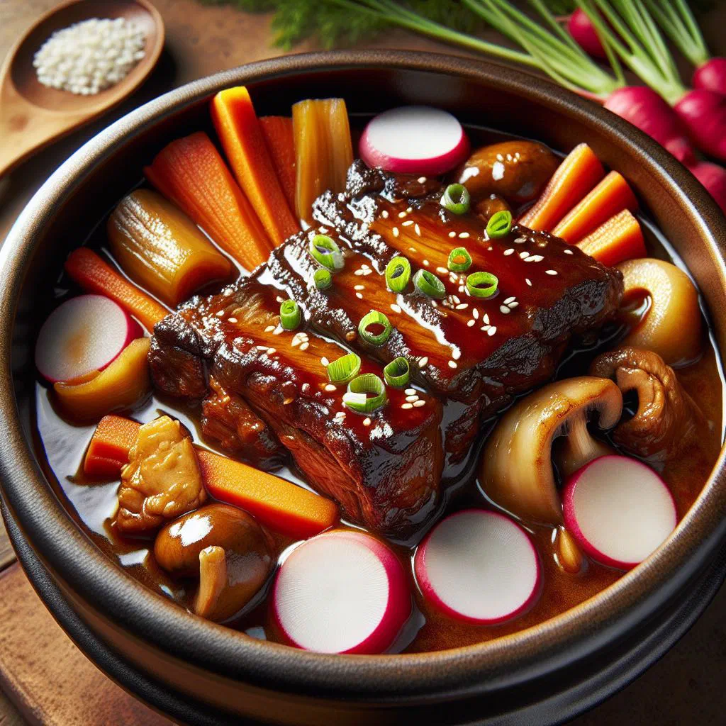 Braised Korean beef short ribs glazed in soy sauce with carrots and spring onions
