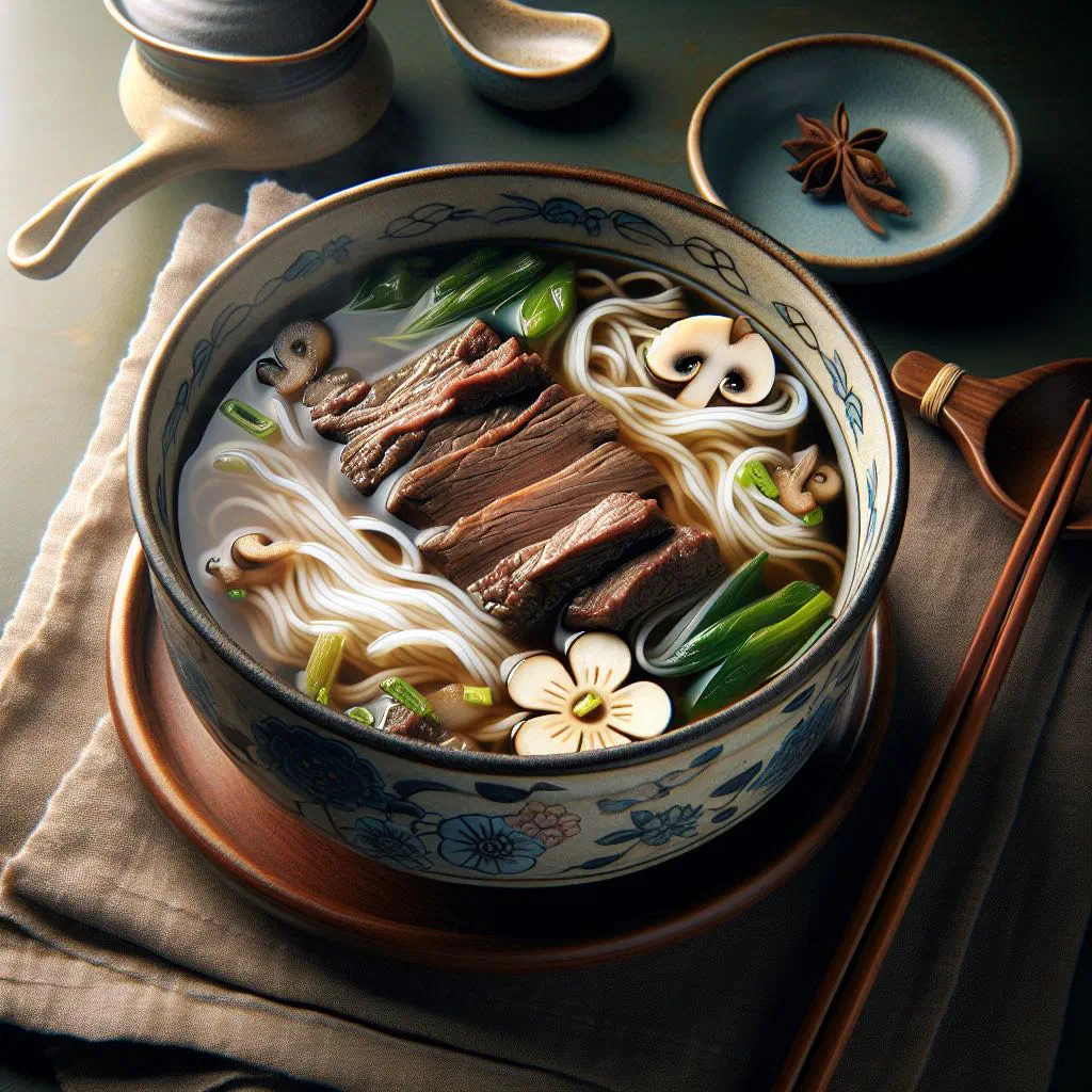Bowl of galbitang beef short rib soup garnished with spring onions