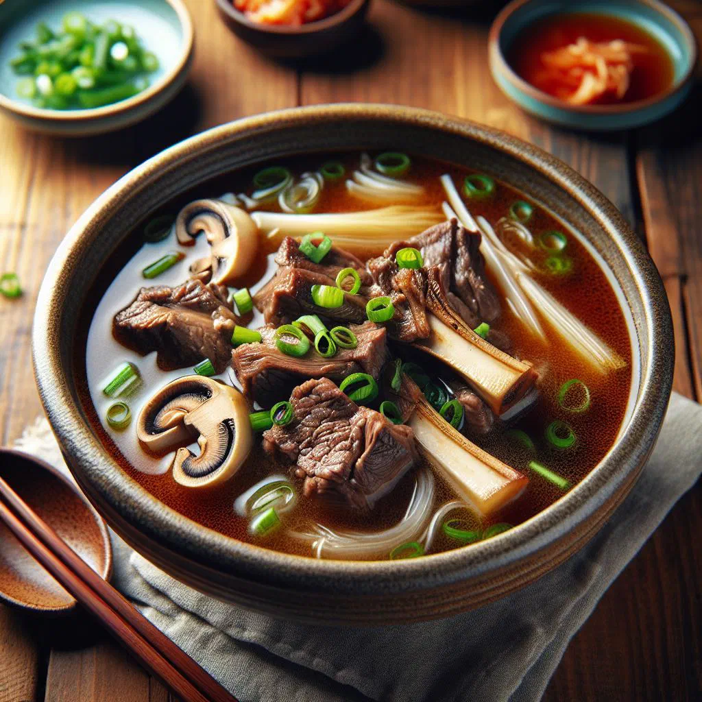 Bowl of galbitang, a clear Korean beef short rib soup with spring onions