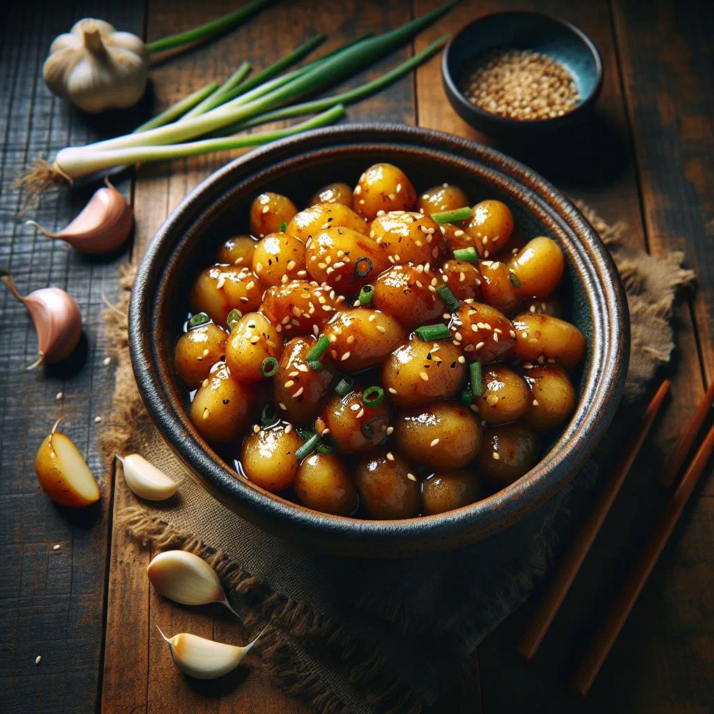 Glazed braised soy-sauce potatoes sprinkled with sesame seeds