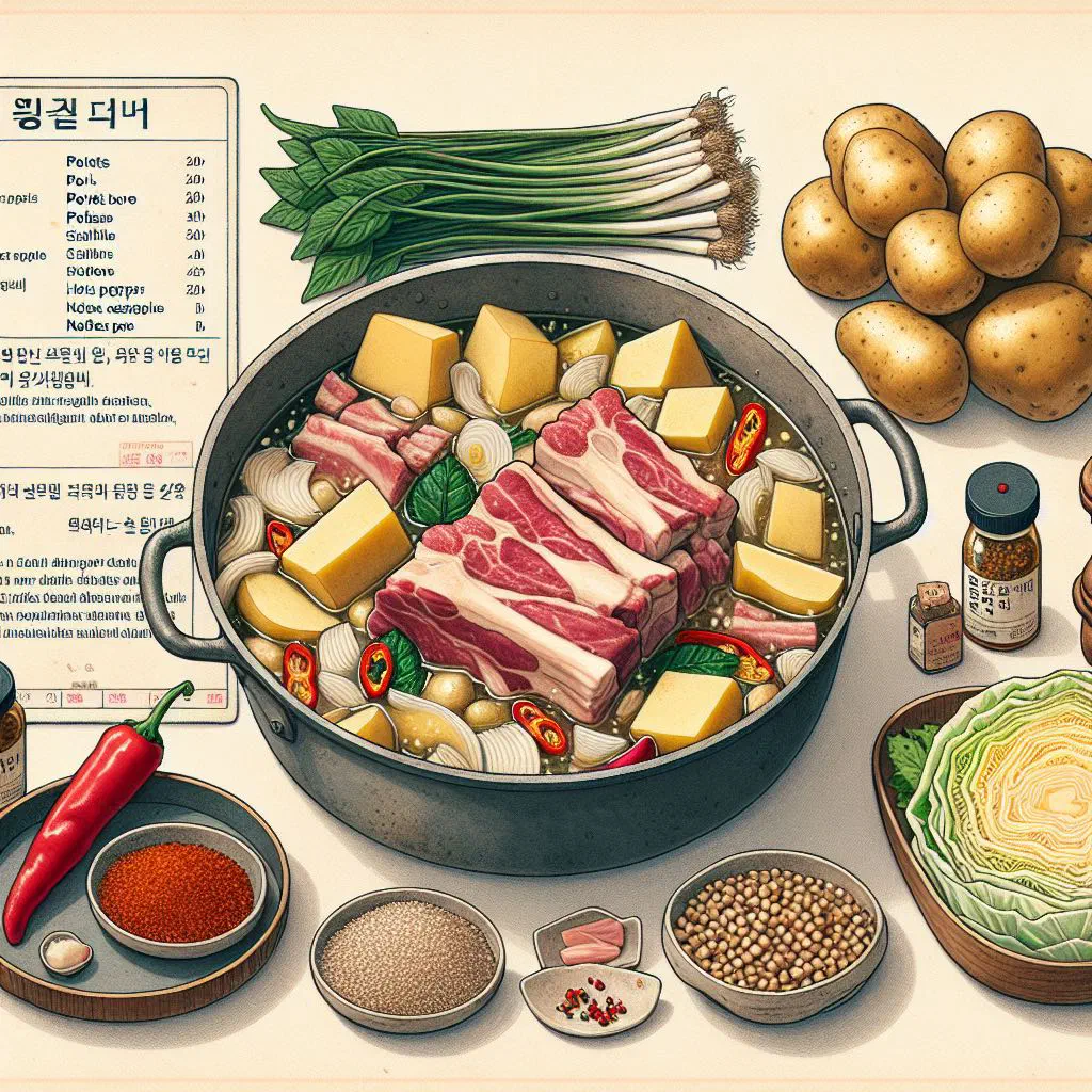 Bowl of spicy Korean gamjatang pork and potato soup with spring onions