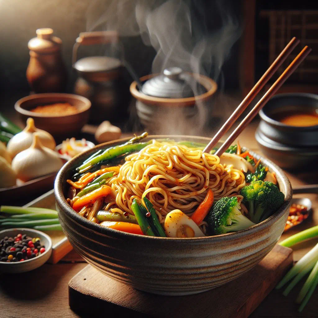 Cold Korean wheat noodles tossed in soy sauce with fresh vegetables and sesame
