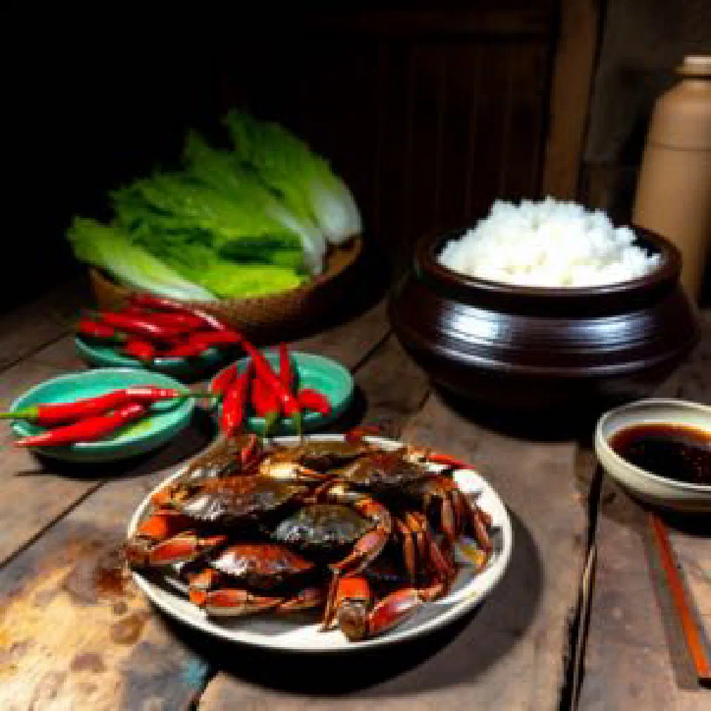 Soy-marinated raw crab garnished with spring onions