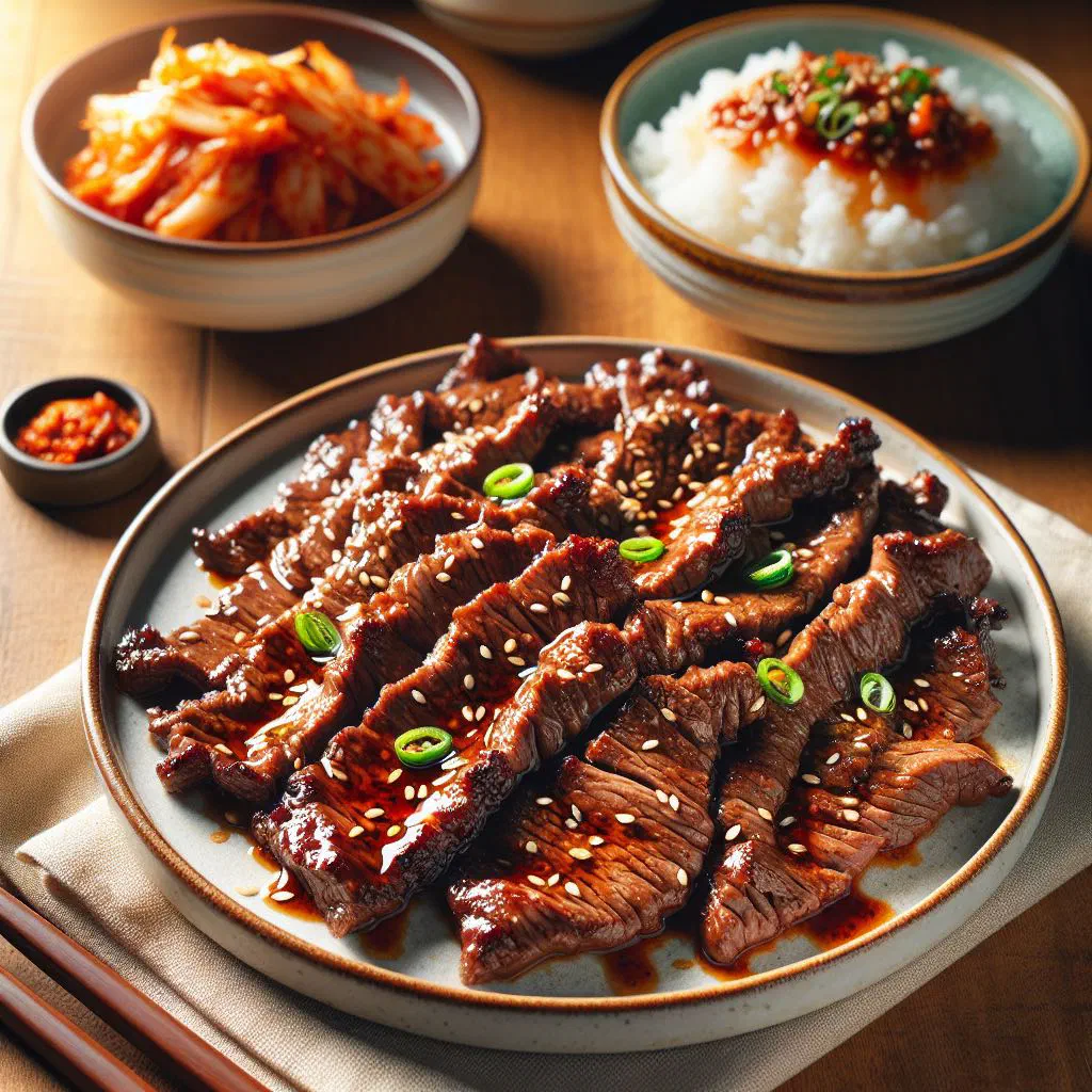 Spicy gochujang bulgogi with sliced beef, onions and spring onions in a pan
