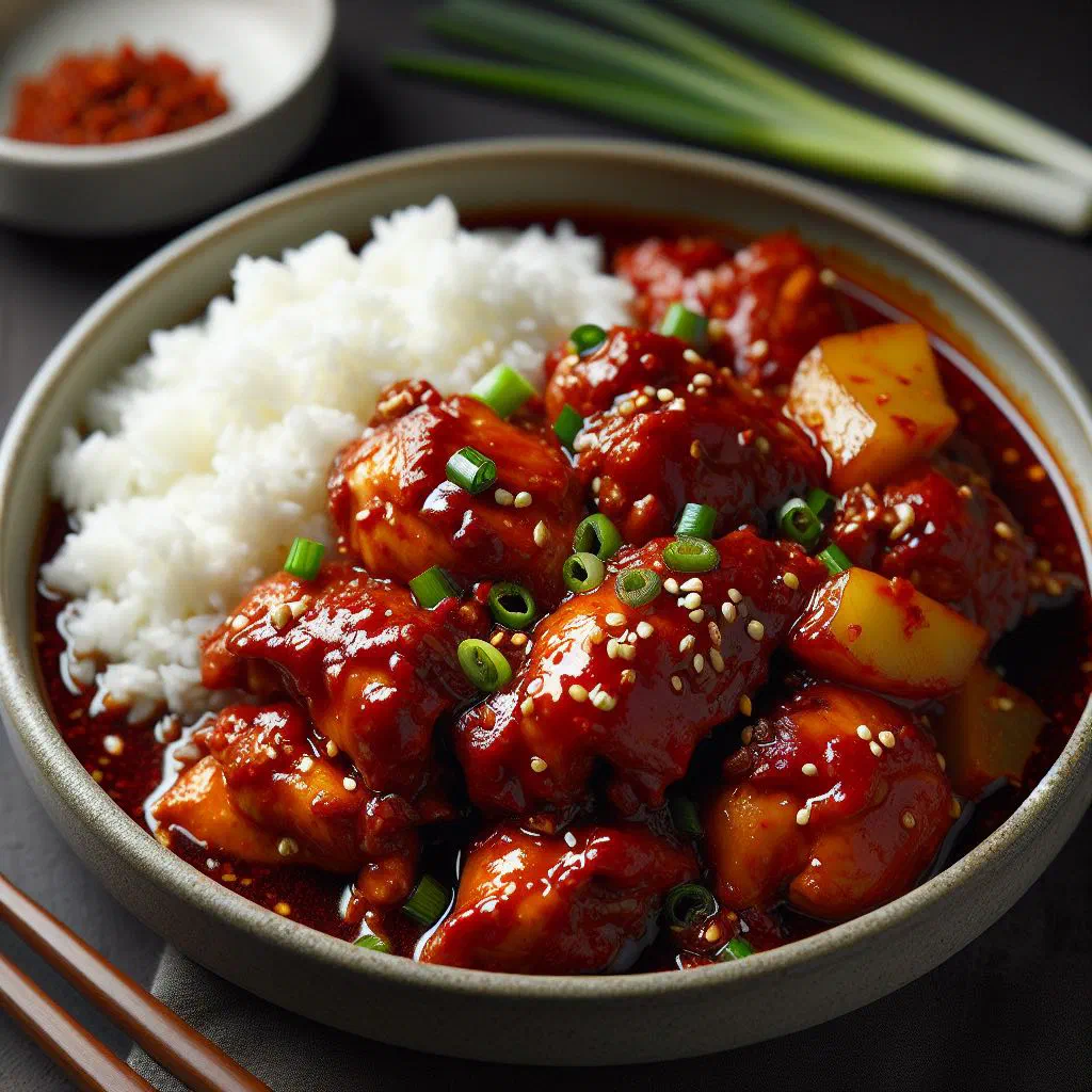 Gochujang jorim with glazed tofu and vegetables garnished with sesame
