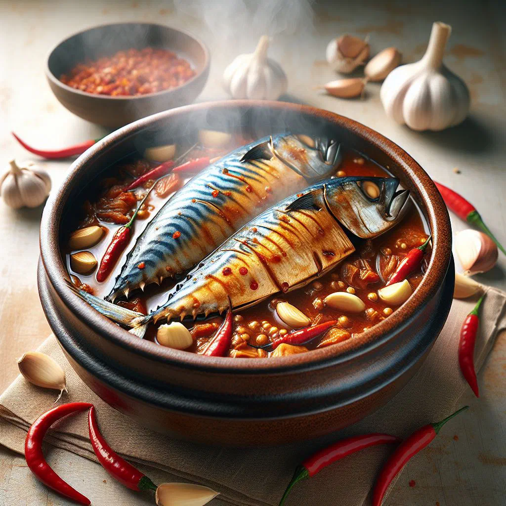 Braised mackerel in soy sauce garnished with spring onions