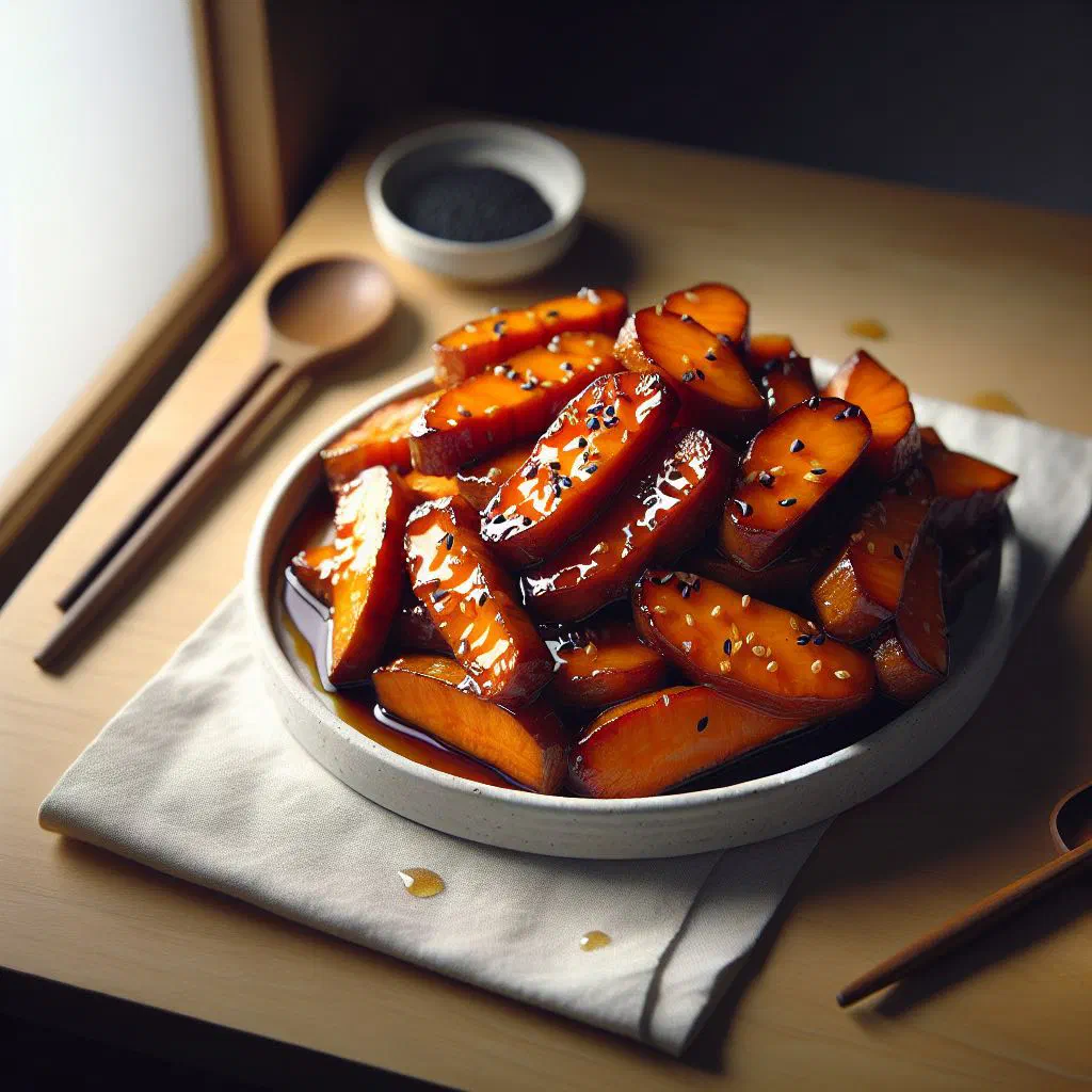 Caramel-coated crispy sweet potato chunks sprinkled with sesame seeds