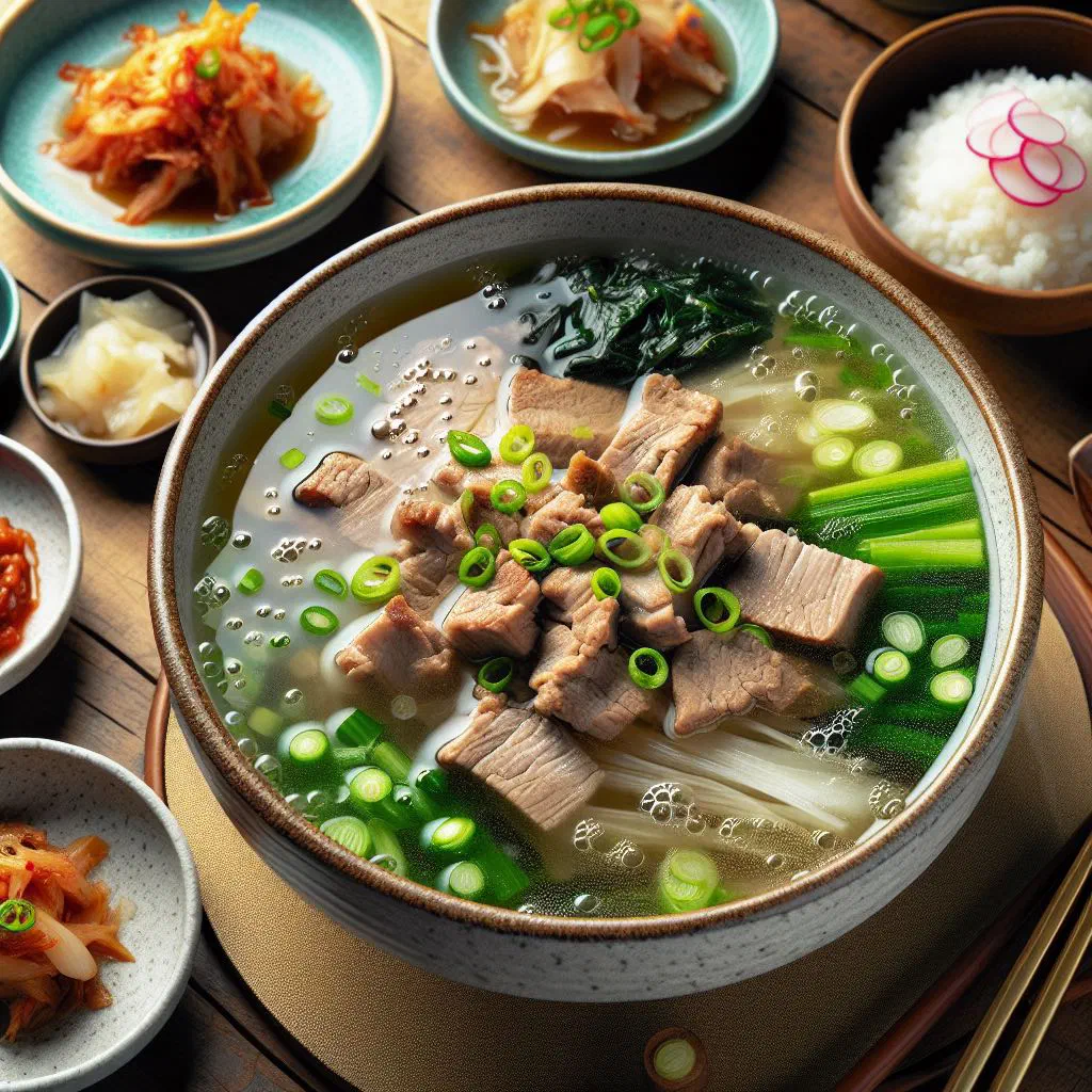 A steaming bowl of gukbap, rice in beef broth garnished with spring onions
