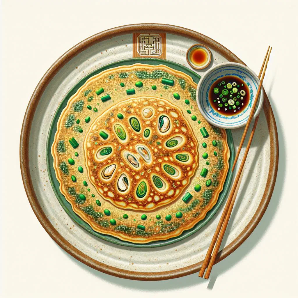 Golden pan-fried Korean oyster pancakes served with a soy dipping sauce