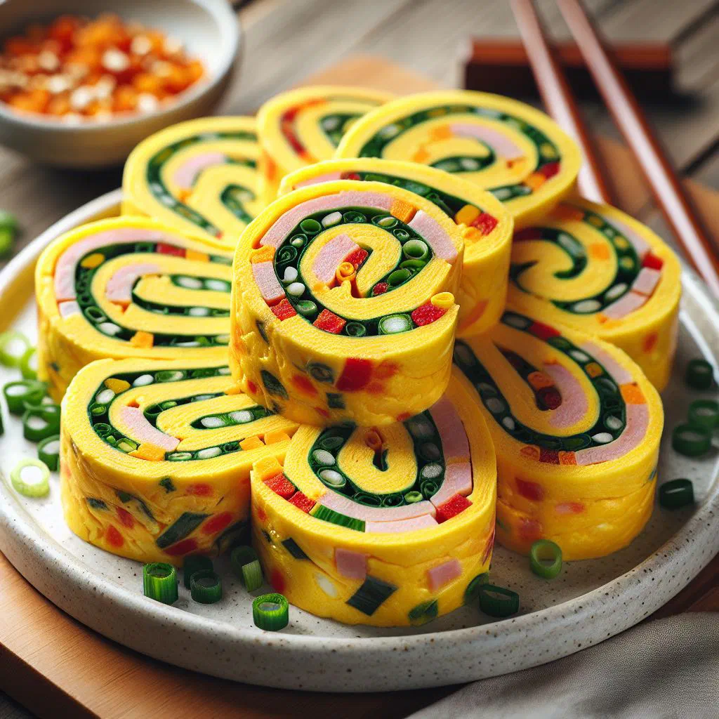 Sliced gyeran mari rolled omelette flecked with chopped vegetables