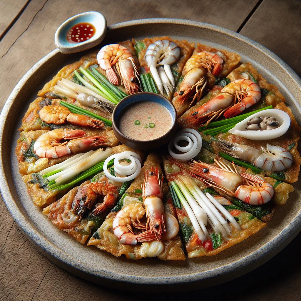 Crispy Korean seafood pancake with spring onions, cut into wedges