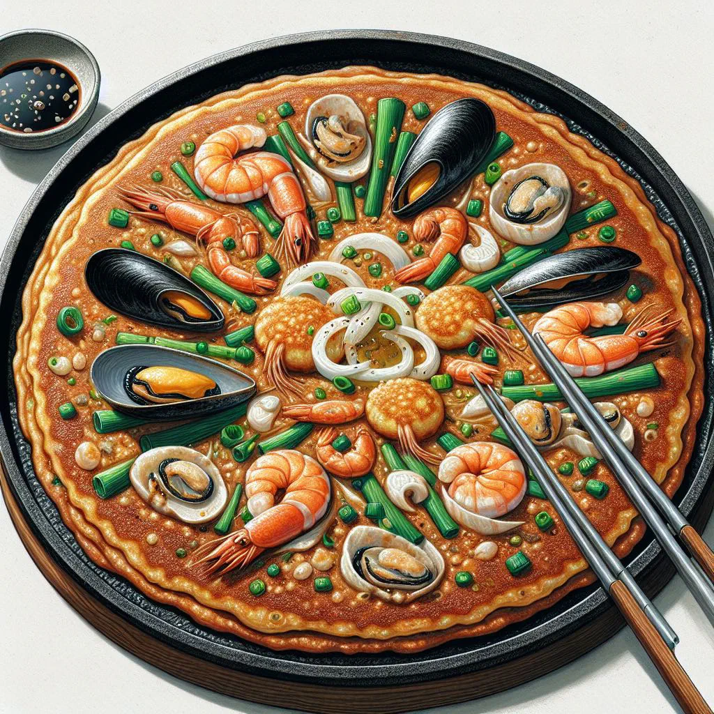 Crispy Korean seafood pancake with spring onions, cut into wedges