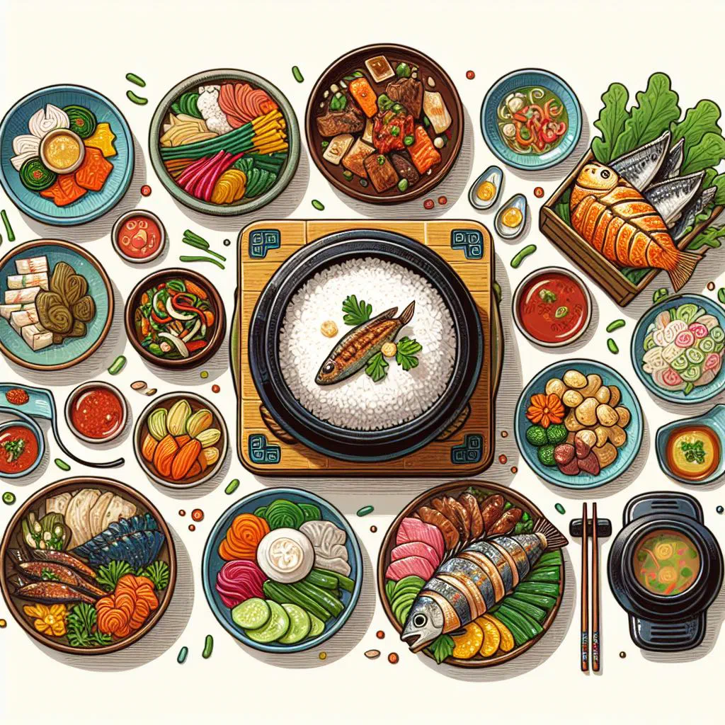 A spread of small Korean dishes with rice, vegetables and kimchi