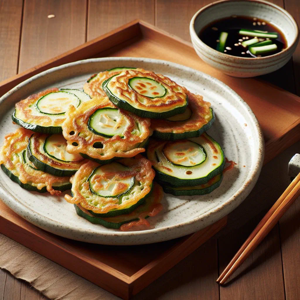 Golden pan-fried courgette slices in a light batter, served as Hobak Jeon