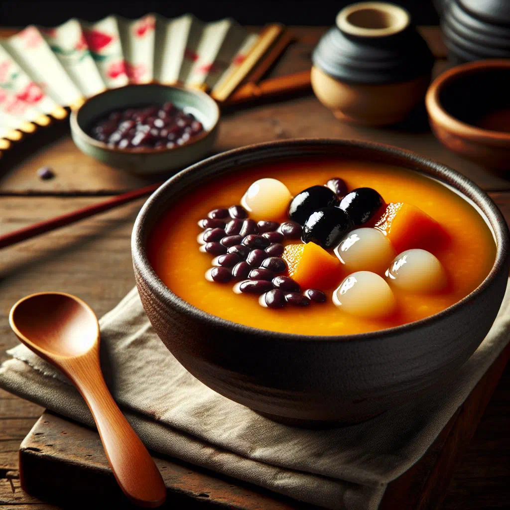 A creamy bowl of Korean hobak juk pumpkin porridge garnished with seeds