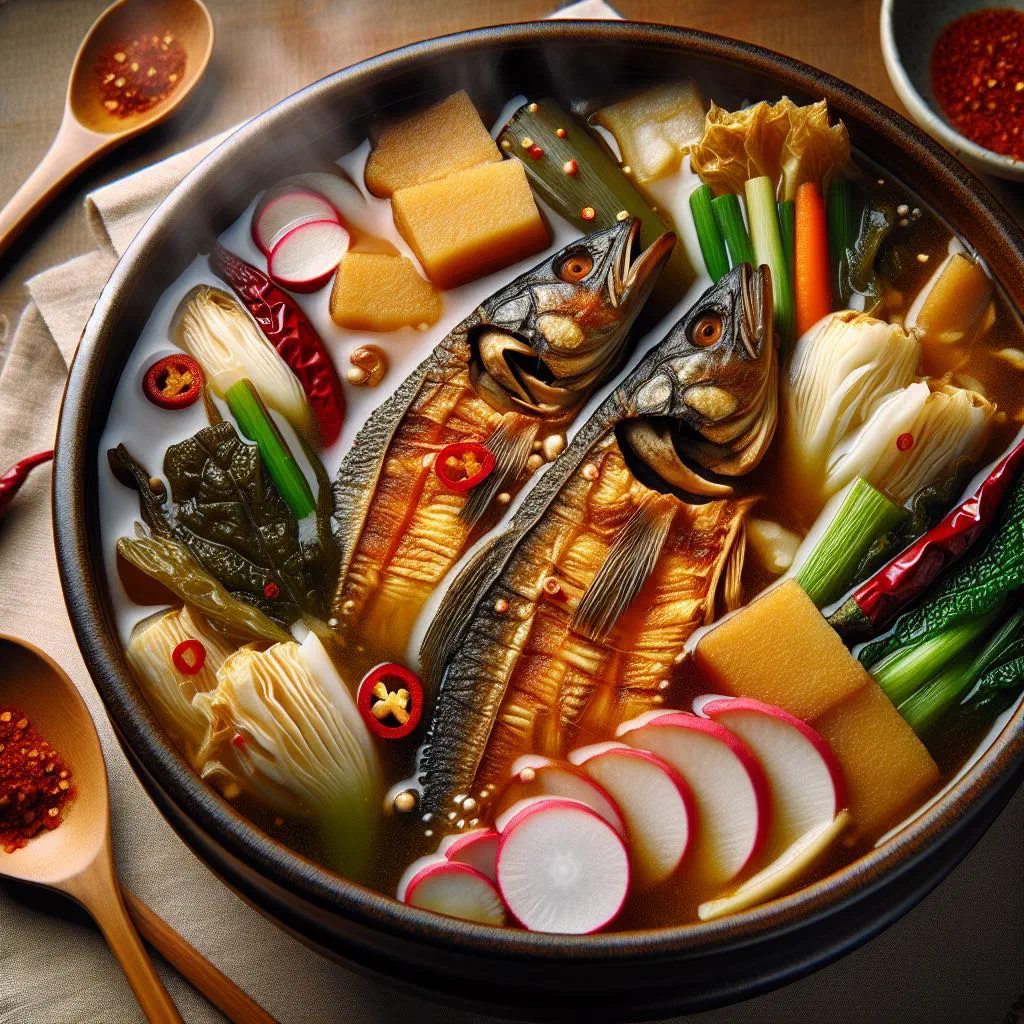Bowl of Korean hwangtae guk soup with dried pollock and spring onions