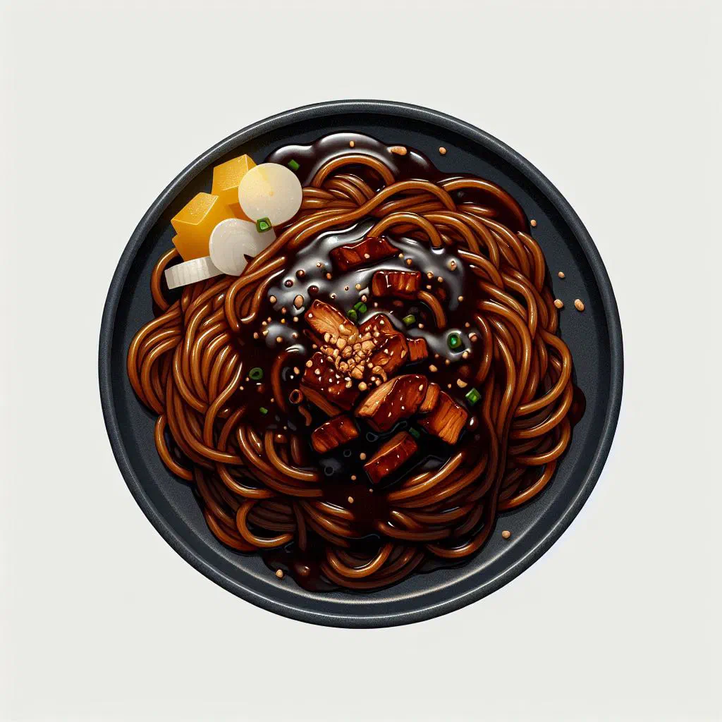 A bowl of jajangmyeon noodles topped with glossy black bean sauce and cucumber