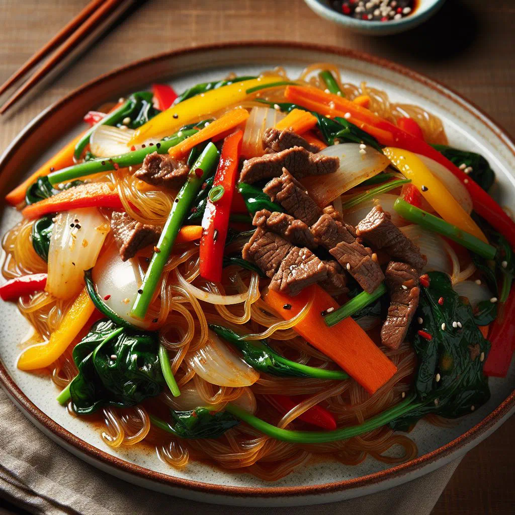 Japchae glass noodles tossed with colourful vegetables and beef, topped with sesame seeds