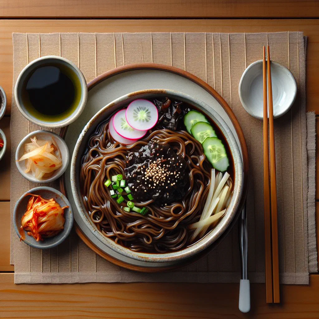 Bowl of jjajangmyeon noodles in glossy black bean sauce with spring onions