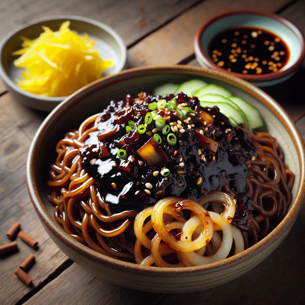 Bowl of jjajangmyeon noodles coated in dark black bean sauce with spring onions