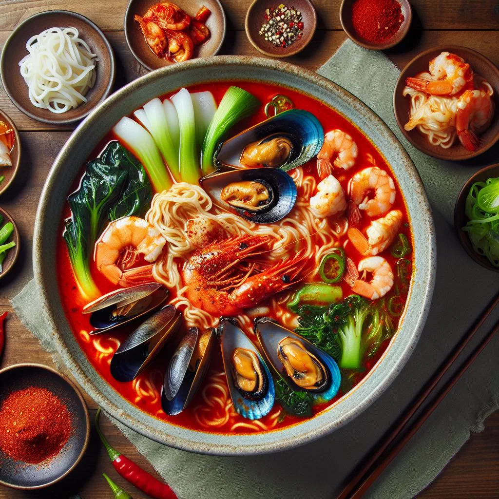 A bowl of spicy red jjampong noodle soup with seafood and vegetables
