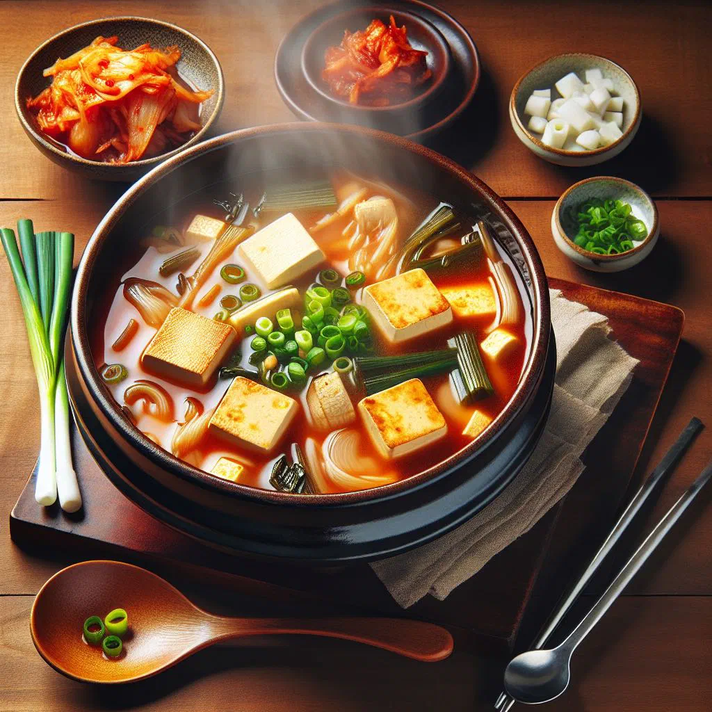 Bubbling pot of jjigae with kimchi, tofu and spring onions