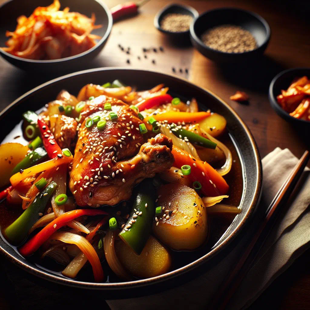 Braised jjimdak chicken with potatoes, carrots and spring onions in soy sauce