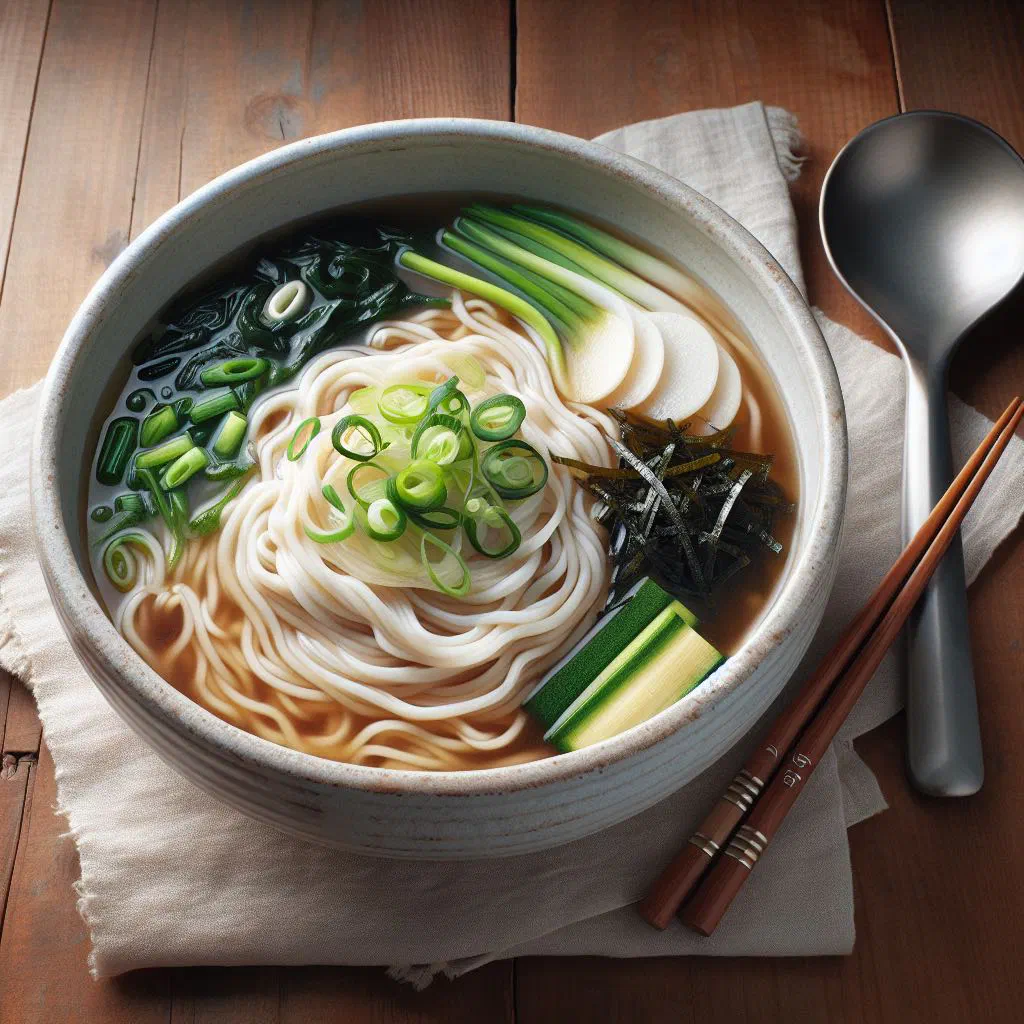 Bowl of kalguksu knife-cut noodles in clear broth with vegetables