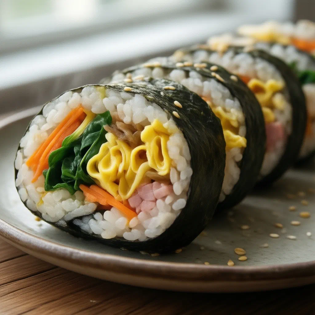 Sliced kimbap rolls filled with rice, vegetables and egg